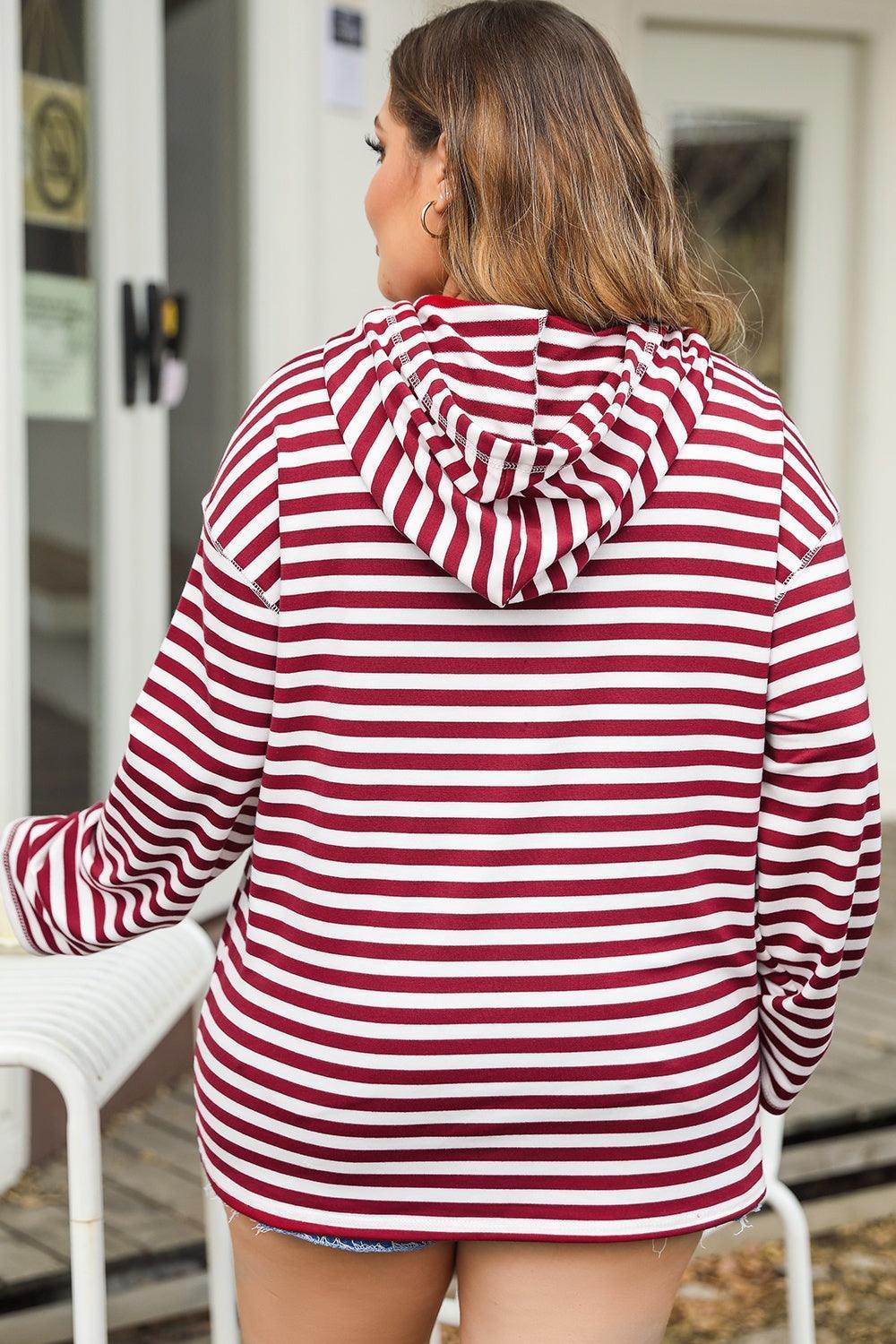 Plus Size Drawstring Striped Dropped Shoulder Hoodie - ClubOn