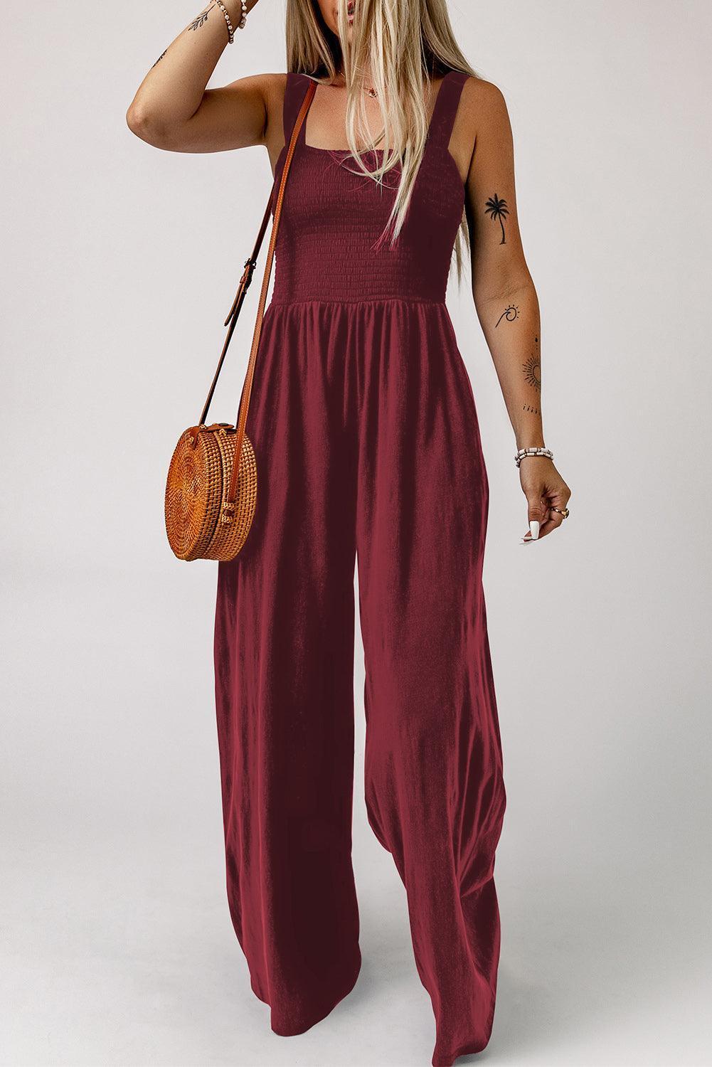Smocked Square Neck Wide Leg Jumpsuit with Pockets - ClubOn