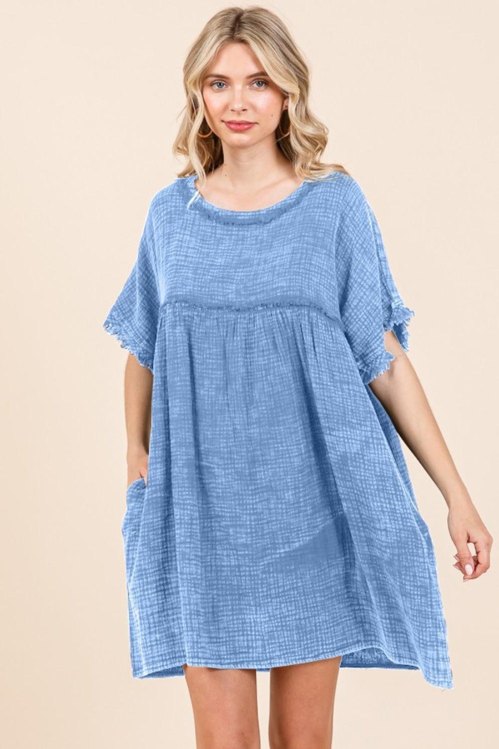 Culture Code Full Size Short Sleeve Babydoll Texture Dress with Pockets - ClubOn