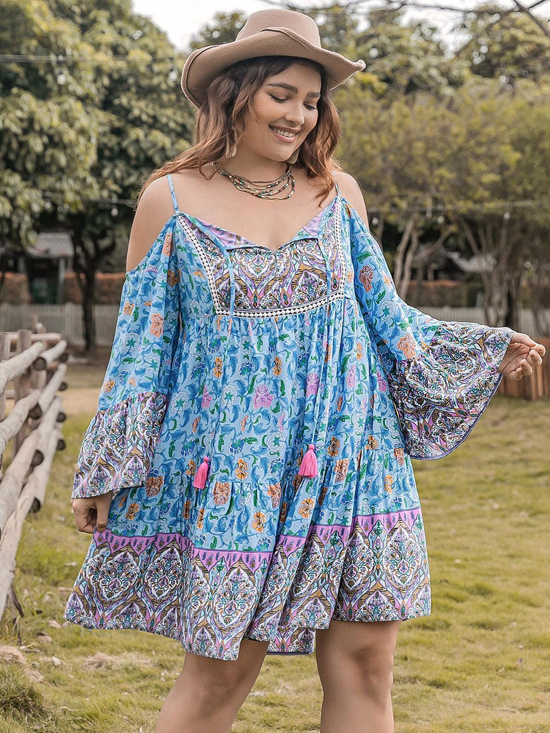 Plus Size Printed Long Sleeve Mini Dress - ClubOn