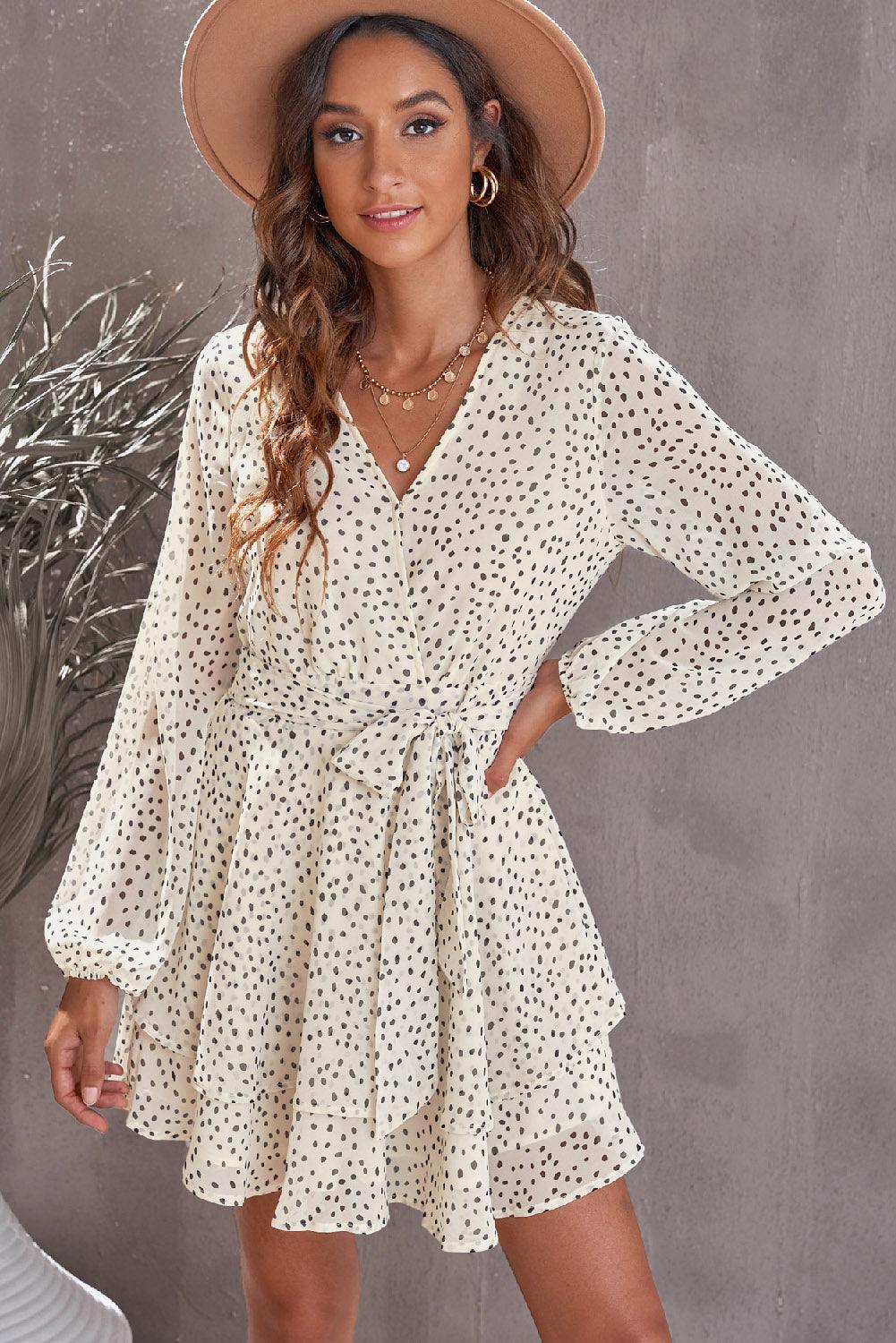 Tied Polka Dot Balloon Sleeve Layered Dress - ClubOn