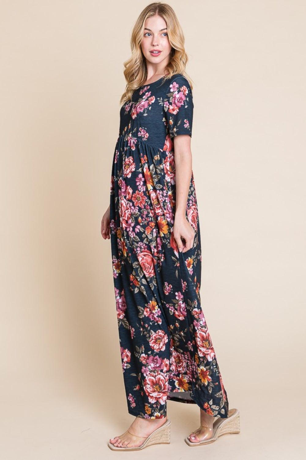 BOMBOM Floral Short Sleeve Maxi Dress - ClubOn