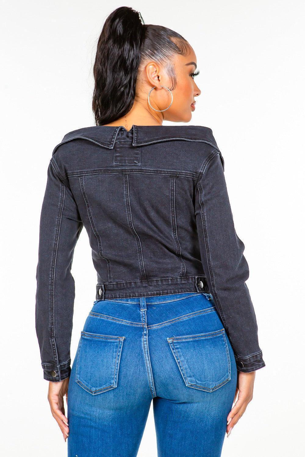 American Bazi Off Shoulder Lace Up Denim Jacket - ClubOn