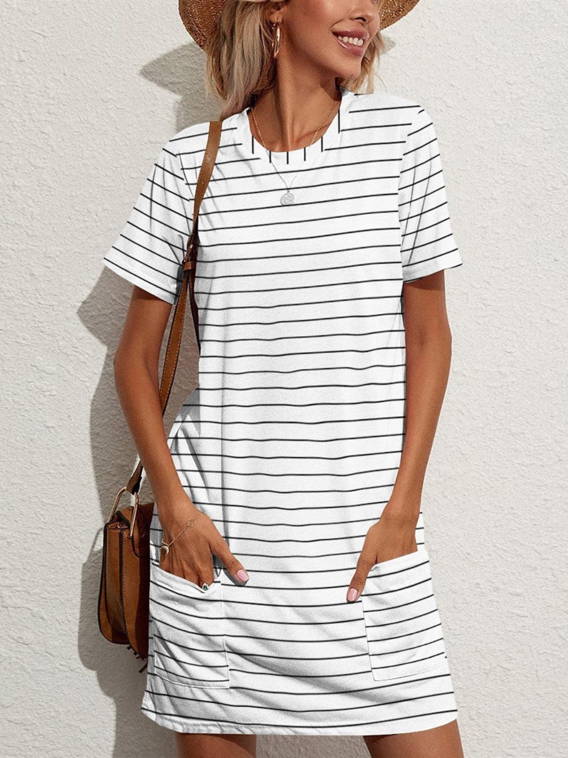 FAM-FAM Pocketed Striped Round Neck Short Sleeve Dress - ClubOn