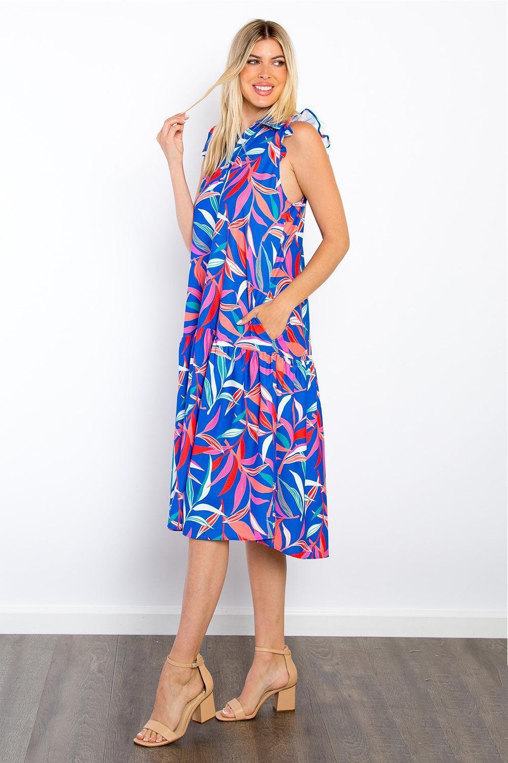 Be Stage Print Ruffled Midi Dress with Pockets - ClubOn