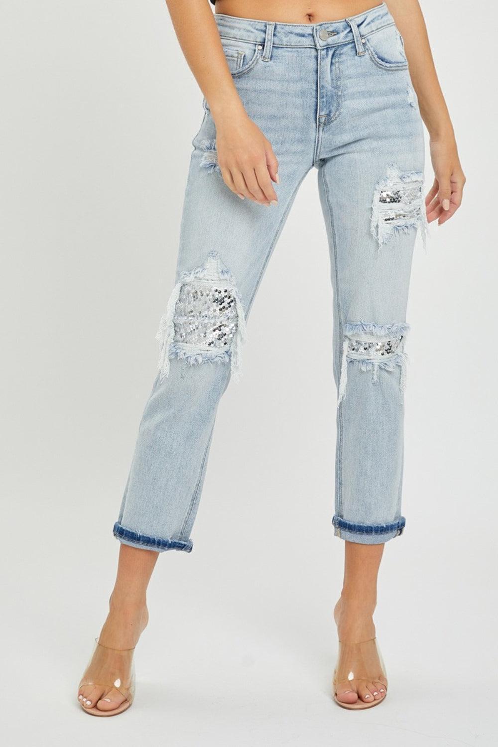 RISEN Mid-Rise Sequin Patched Jeans - ClubOn