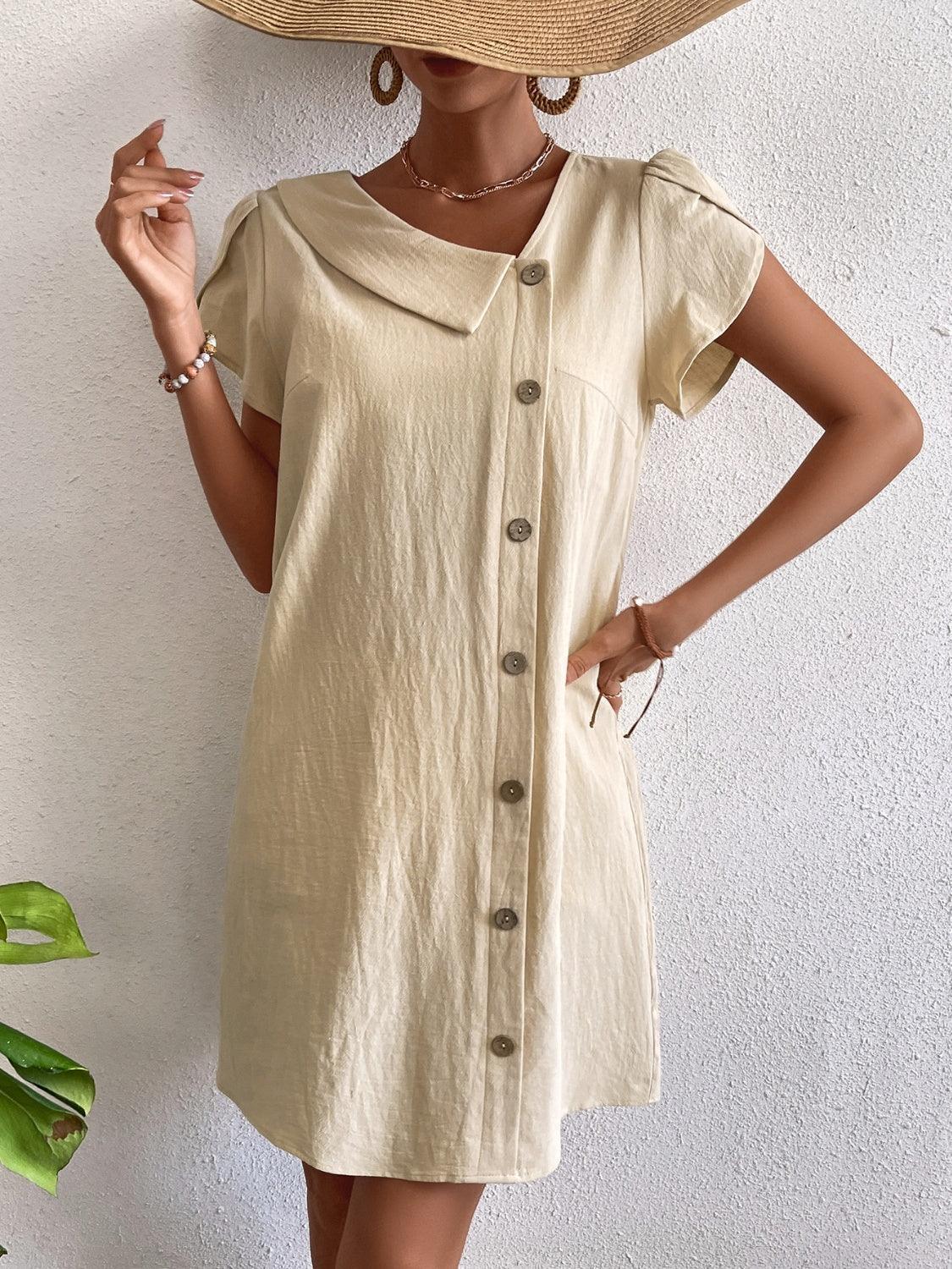 Decorative Button Asymmetrical Neck Short Sleeve Dress - ClubOn