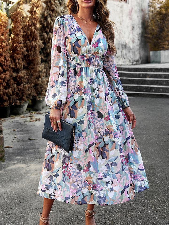 Devine Printed V-Neck Long Sleeve Midi Dress - ClubOn