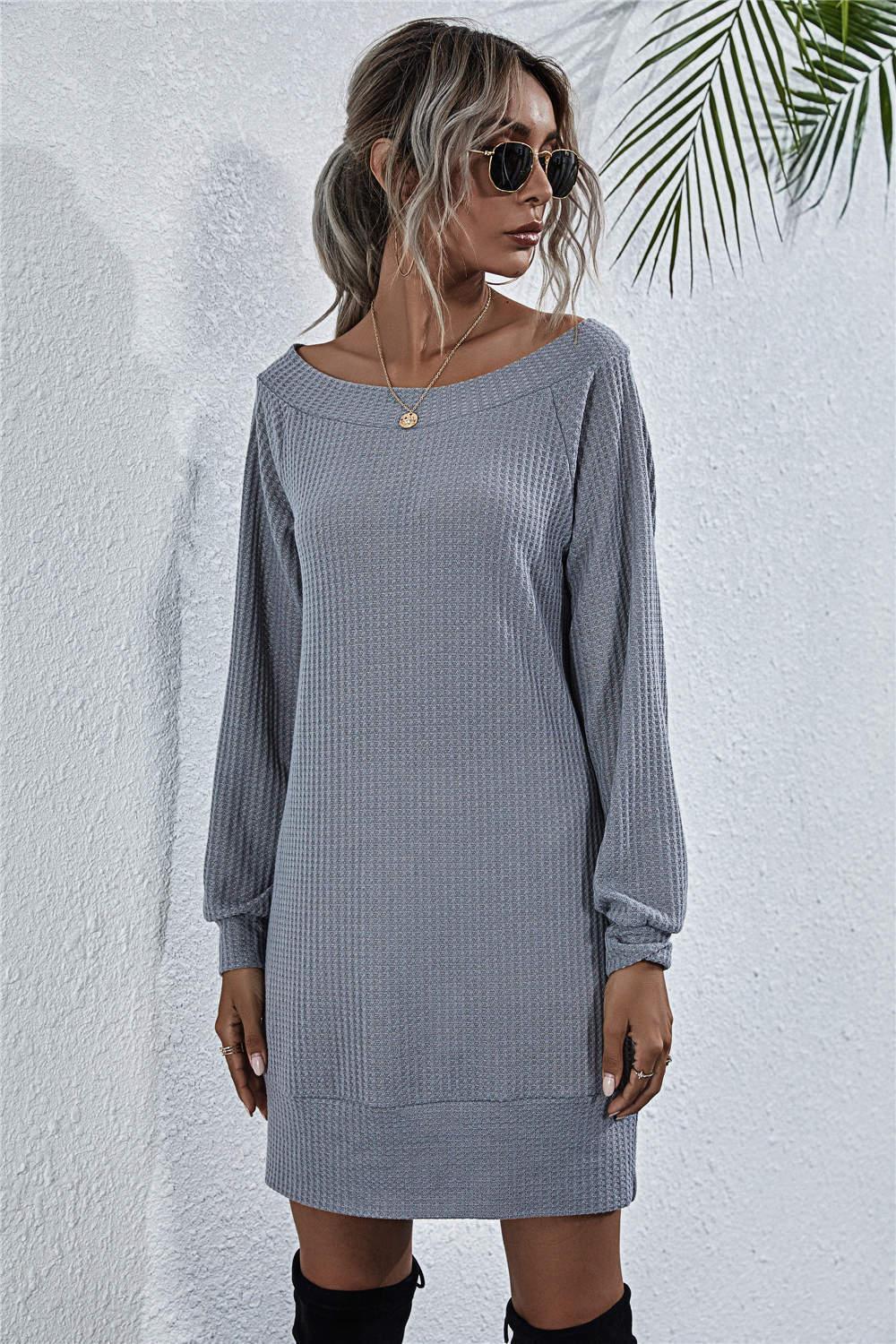 Waffle-Knit Boat Neck Mini Dress - ClubOn