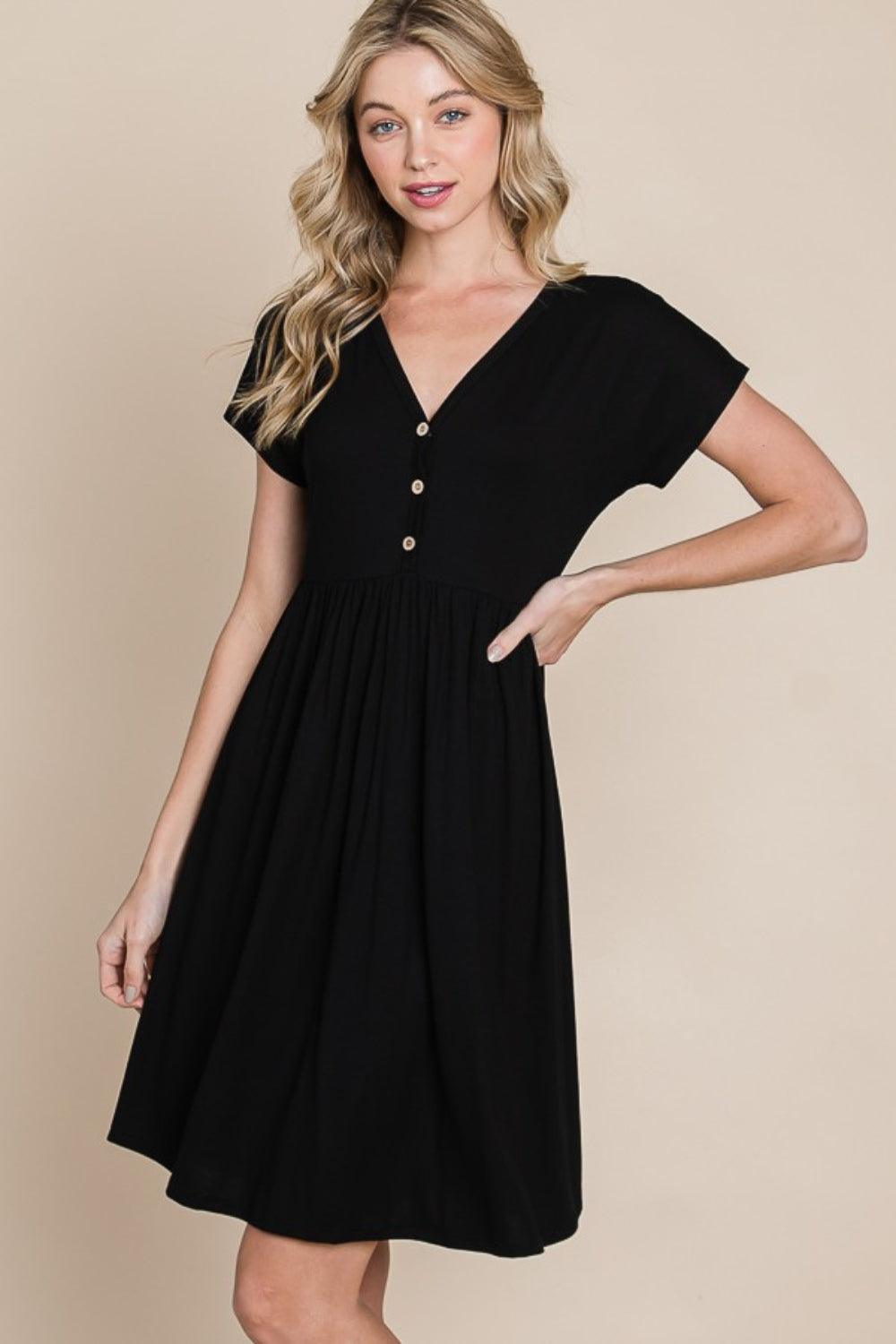 BOMBOM V-Neck Short Sleeve Dress - ClubOn