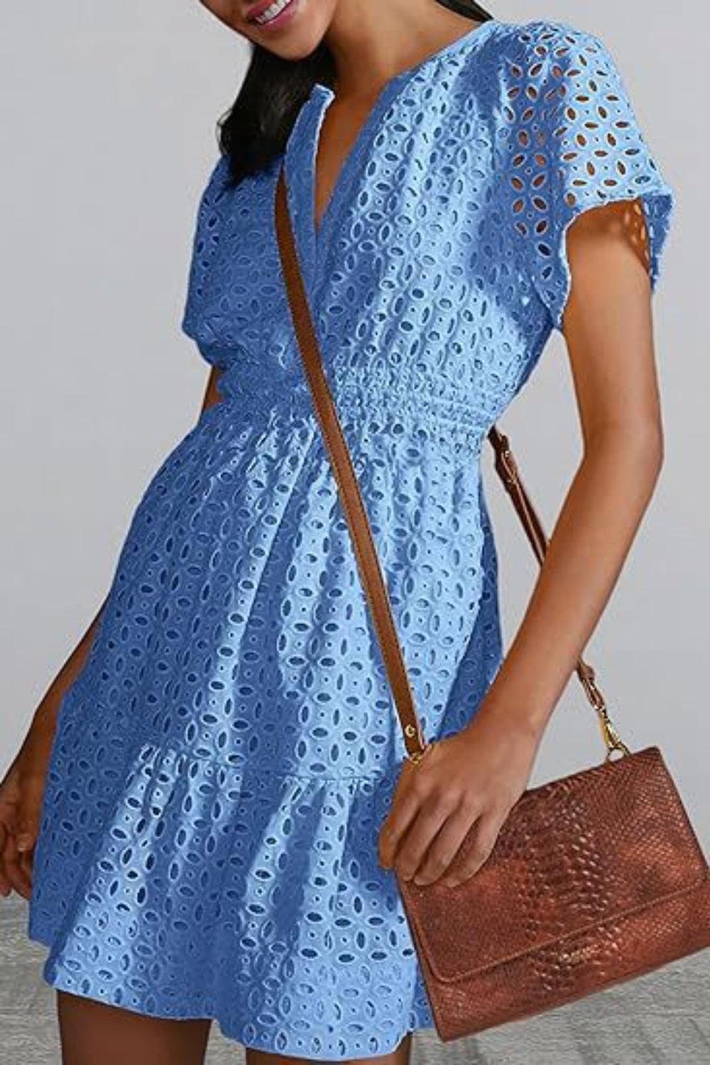 Eyelet Notched Short Sleeve Mini Dress - ClubOn