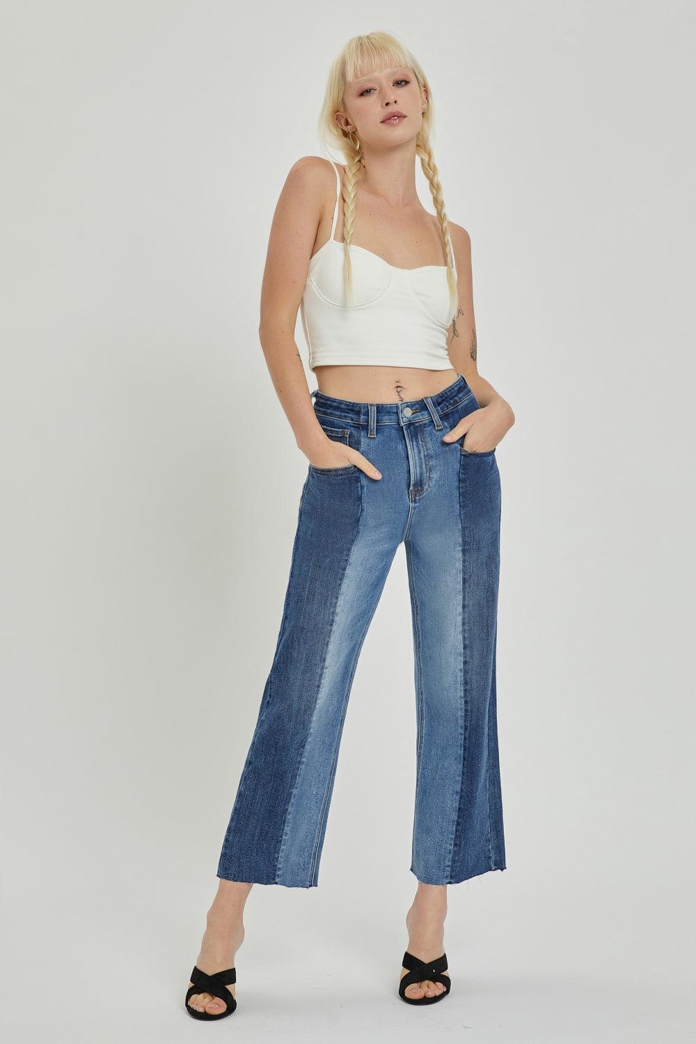 RISEN Full Size Mid-Rise Waist Two-Tones Jeans with Pockets - ClubOn