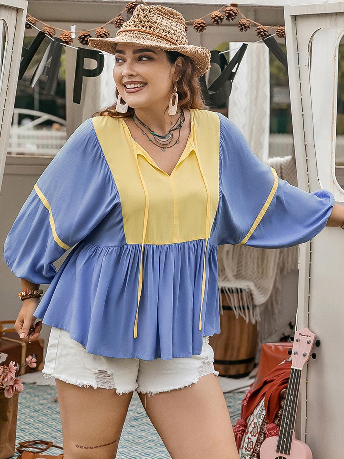 Plus Size Ruched Tie Neck Balloon Sleeve Blouse - ClubOn