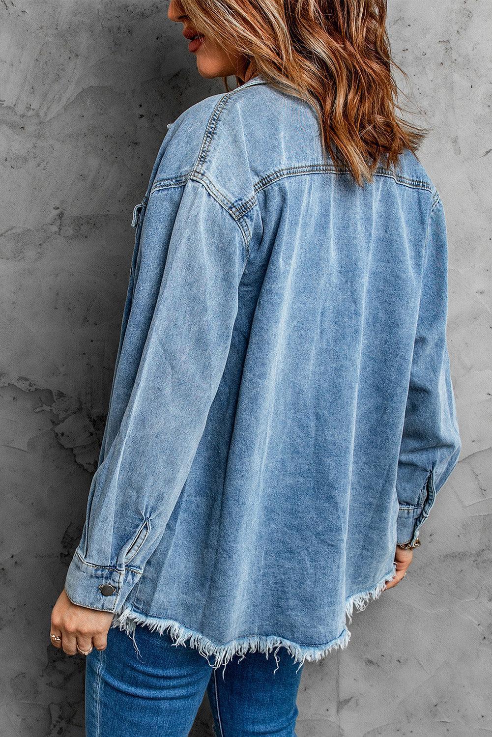 Button Up Pocketed Raw Hem Denim Jacket - ClubOn