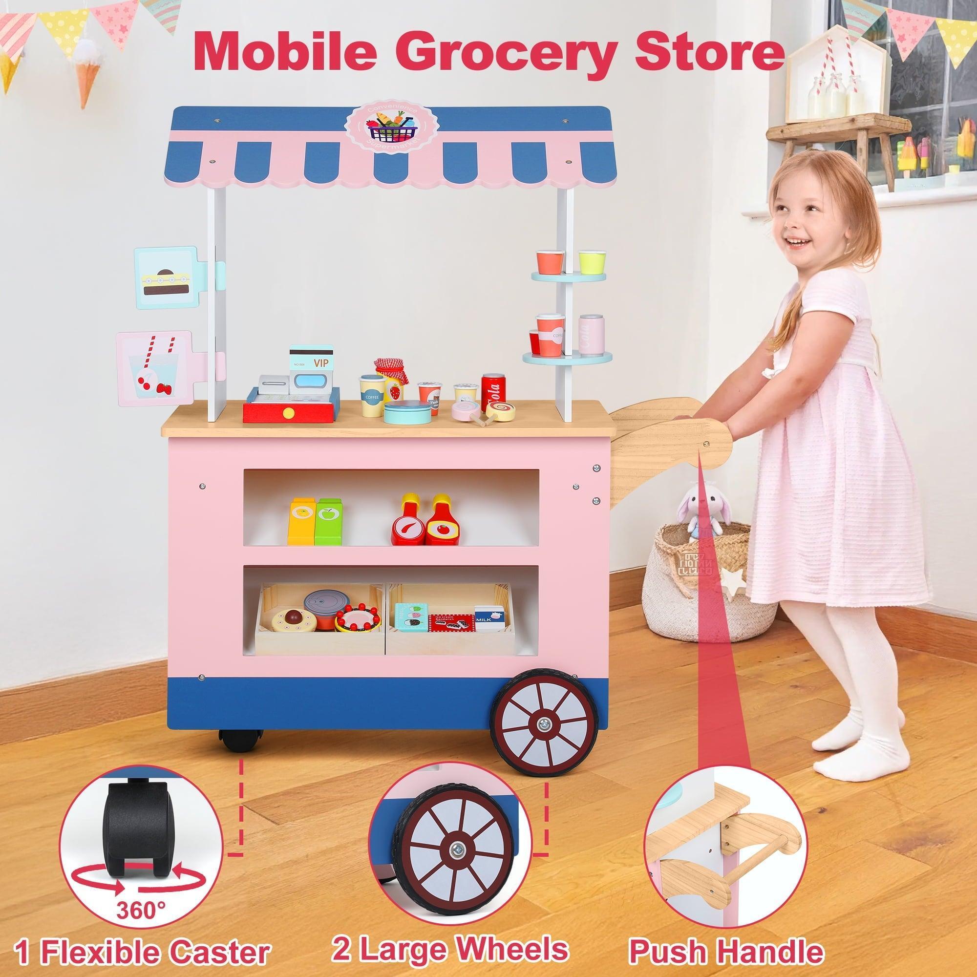 Wisairt Kids Grocery Store Play Set – Pretend Play Wooden Supermarket Shopping Toy with Cash Register, Food & Drink – Pink & Blue - ClubOn