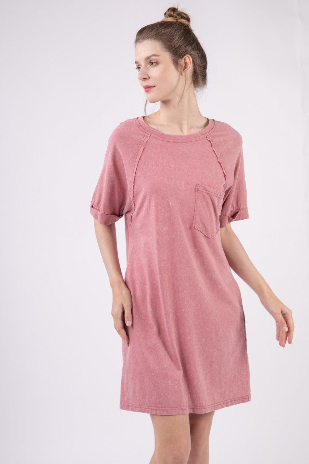 VERY J Washed Round Neck Mini Tee Dress - ClubOn