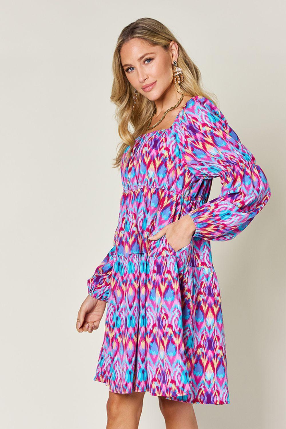 Double Take Full Size Printed Long Sleeve Dress - ClubOn