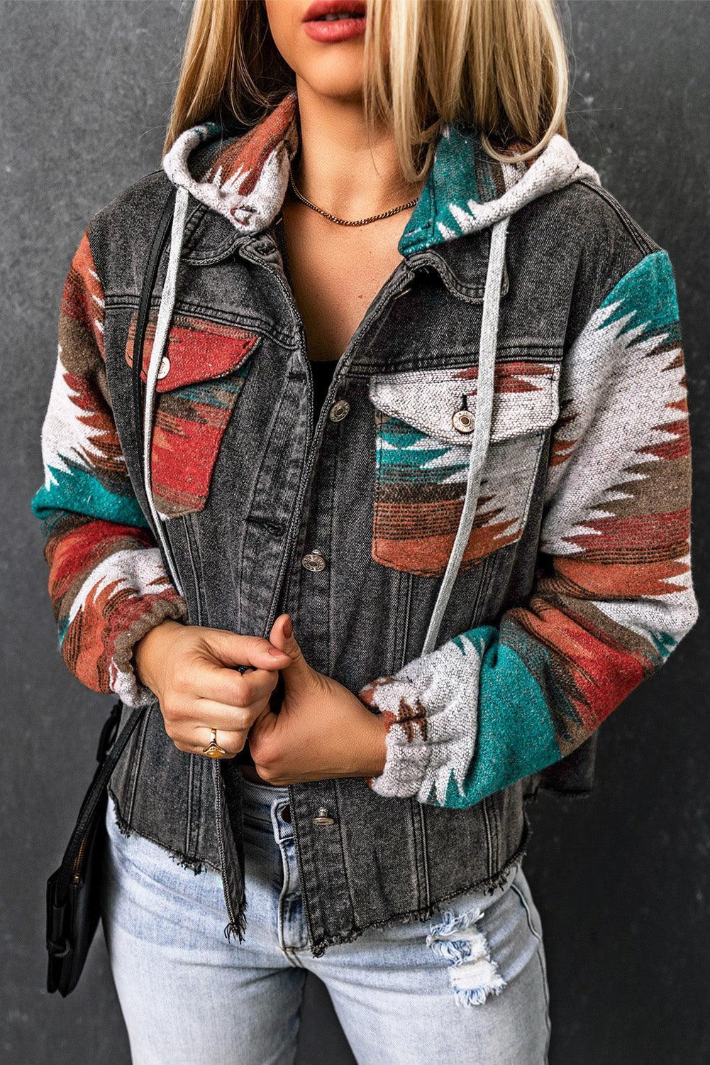 Drawstring Hooded Pocketed Denim Jacket - ClubOn