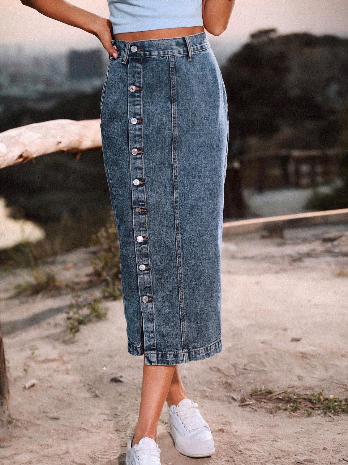Button Down Denim Skirt - ClubOn