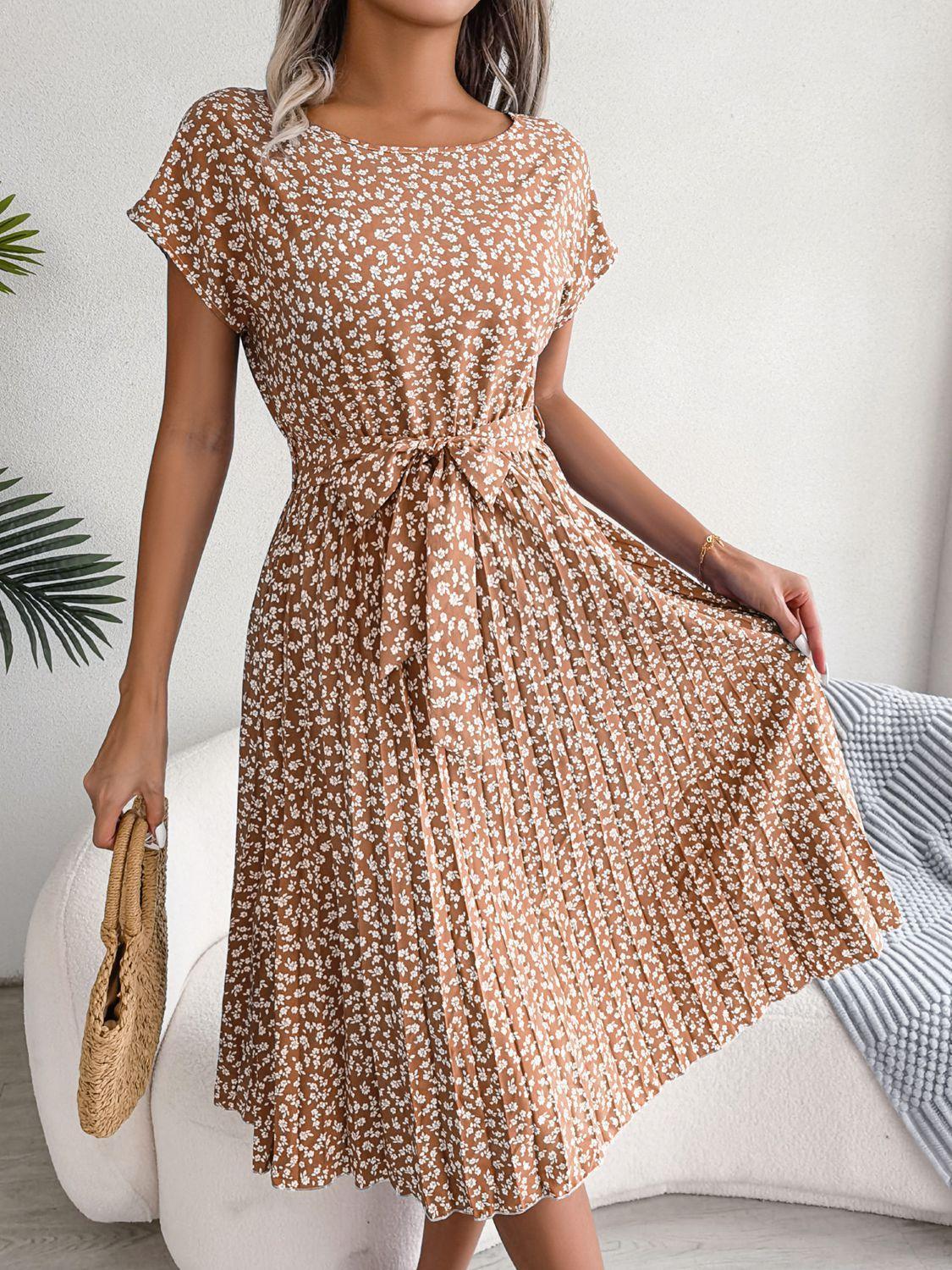 Ditsy Floral Pleated Belted Dress - ClubOn