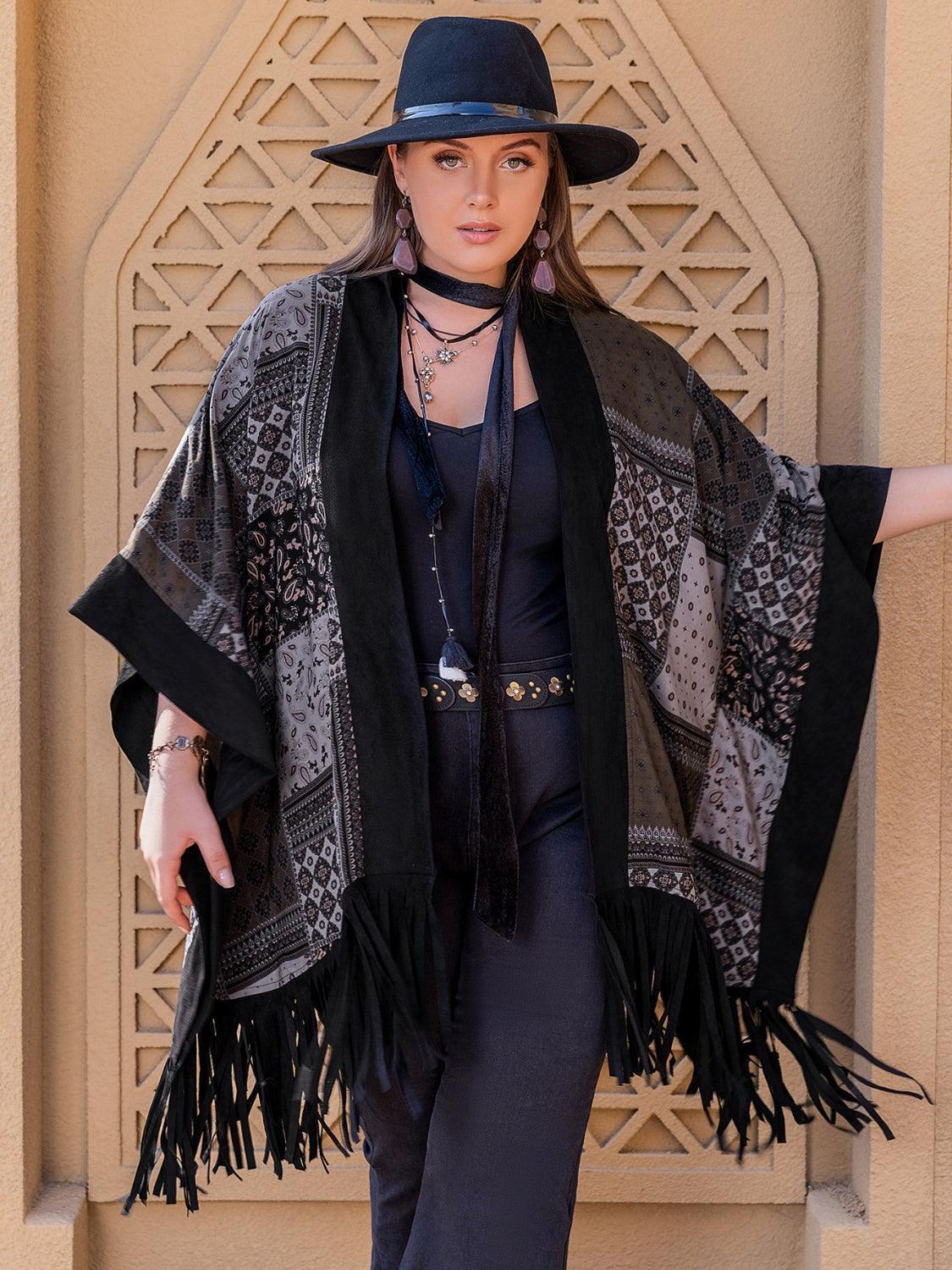 Plus Size Printed Fringe Open Front Outerwear - ClubOn