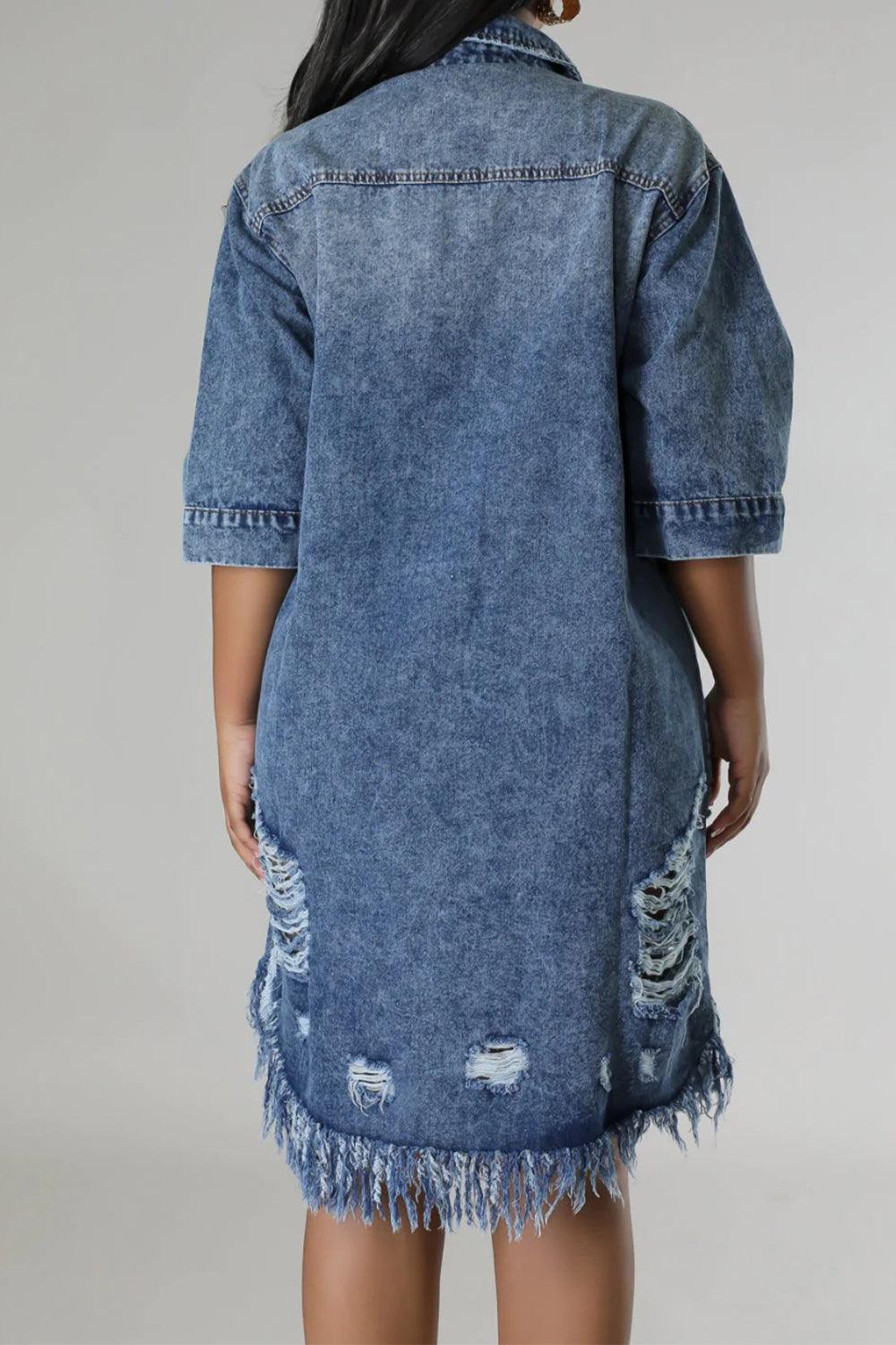 Distressed Raw Hem Button Up Denim Dress - ClubOn