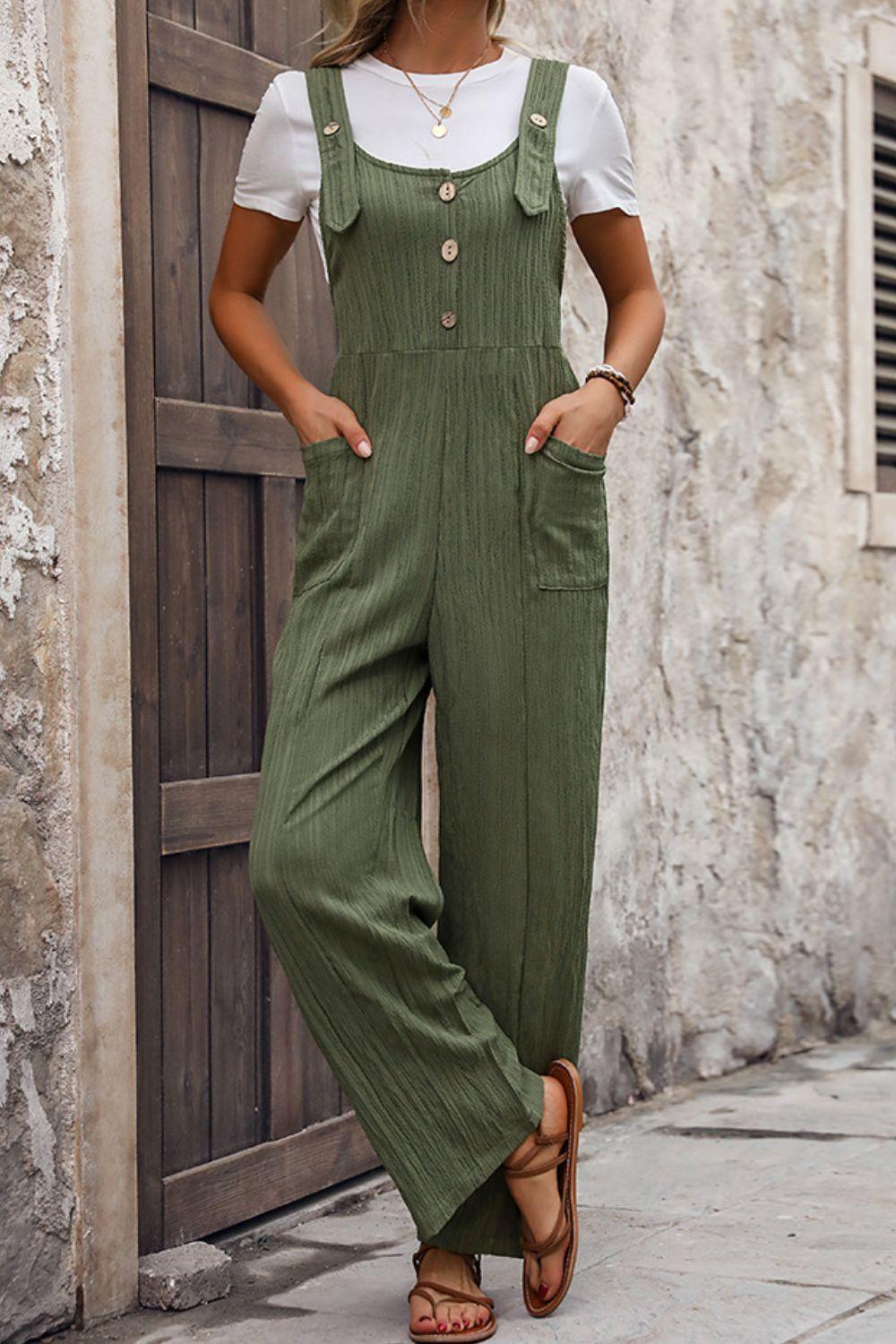 Perfee Textured Pocketed Wide Strap Overalls - ClubOn