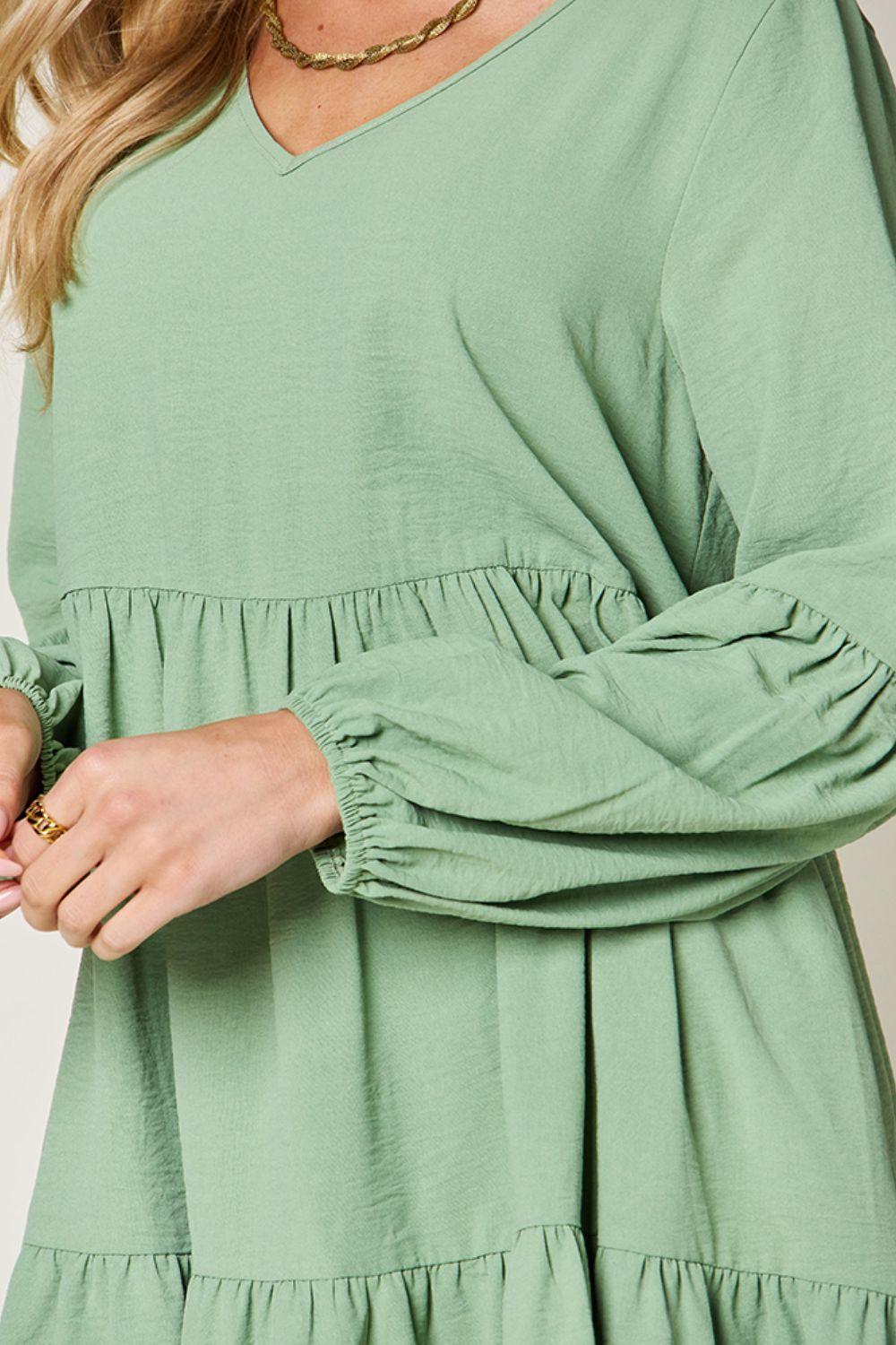 Double Take Full Size V-Neck Balloon Sleeve Tiered Dress with Pockets - ClubOn