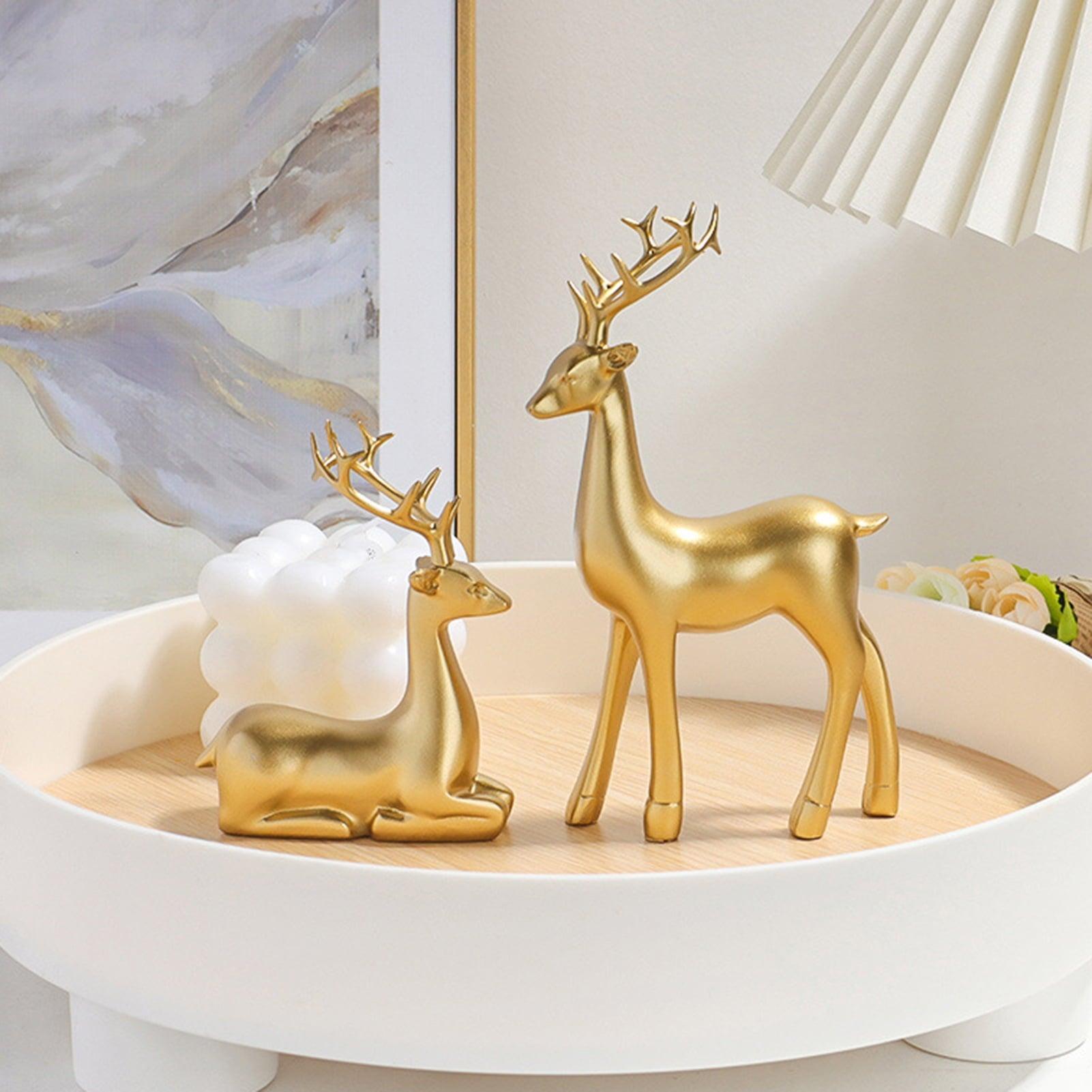 Waroomhouse Resin Deer Figurine Set of 2 – Golden Sitting & Standing Reindeer Statues, Christmas Ornament Decorations - ClubOn