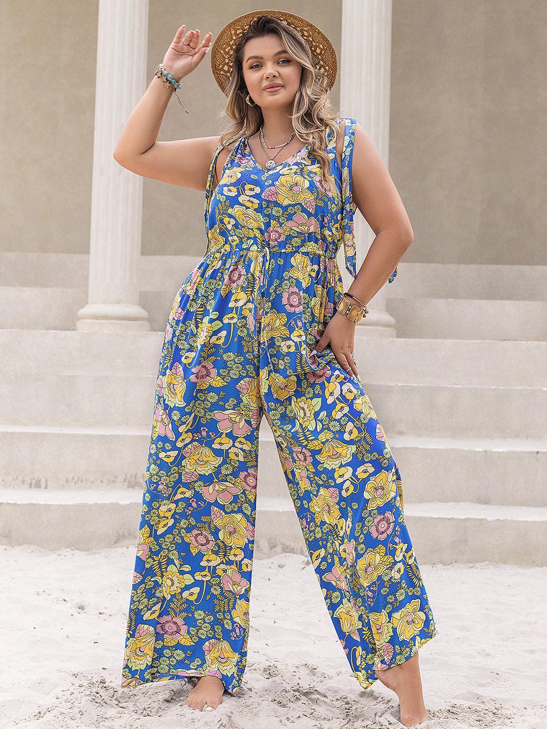Plus Size Printed V-Neck Wide Leg Jumpsuit - ClubOn