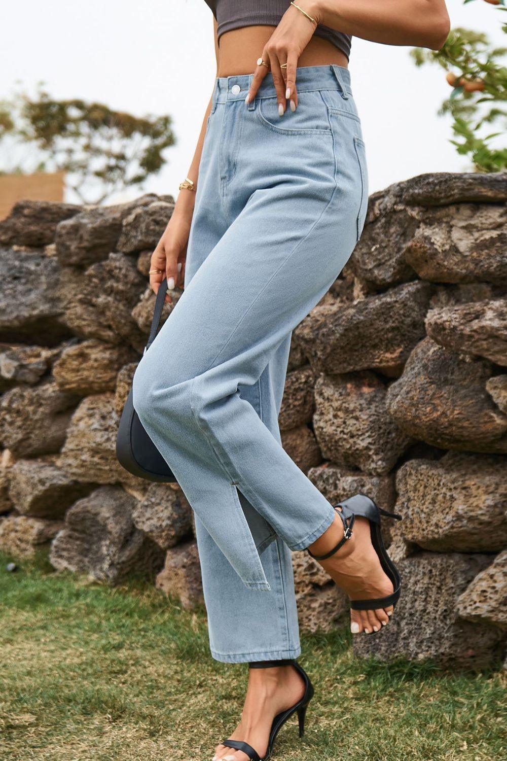 High Waist Loose Fit Ankle Slit Jeans - ClubOn