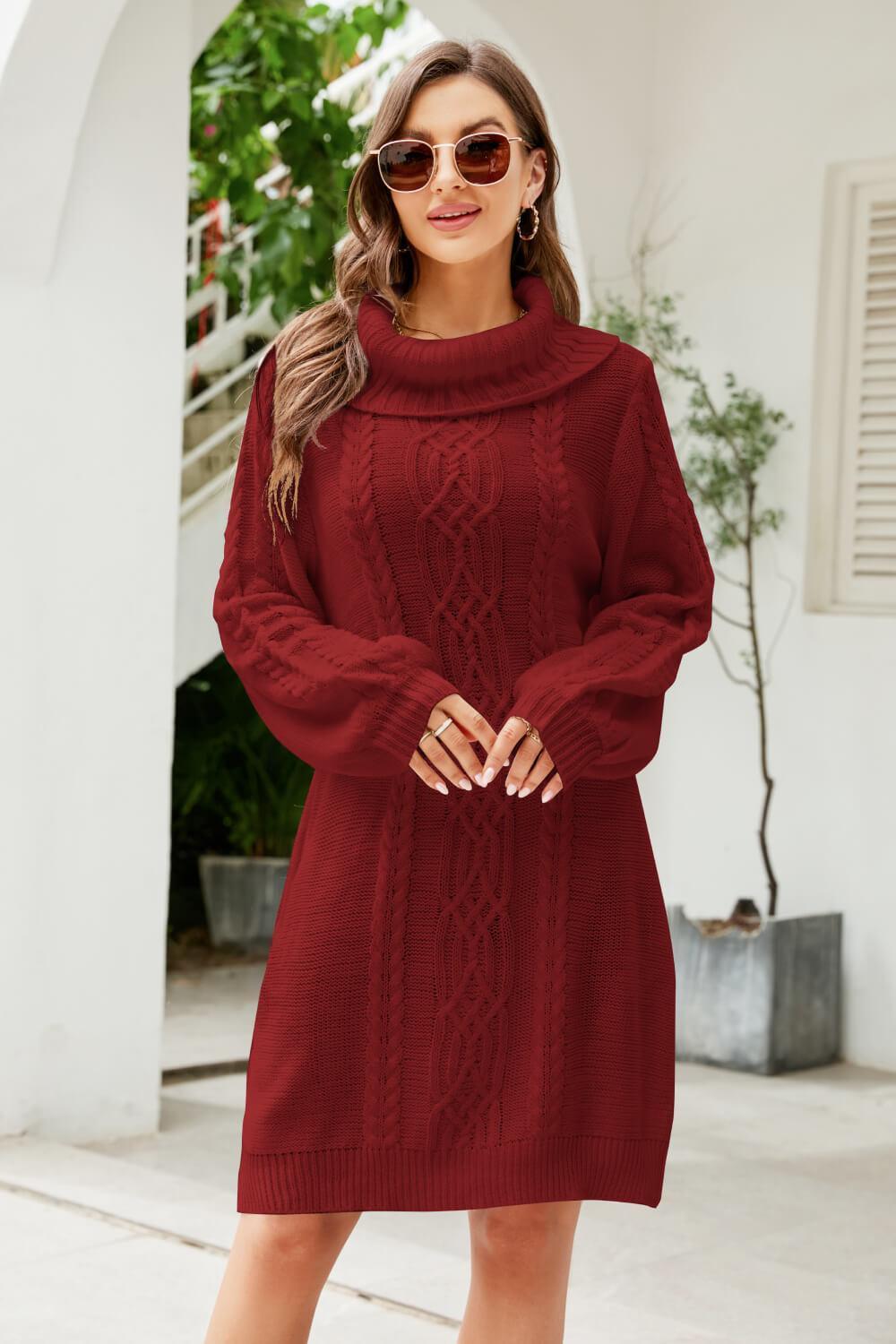 Woven Right Mixed Knit Turtleneck Lantern Sleeve Sweater Dress - ClubOn