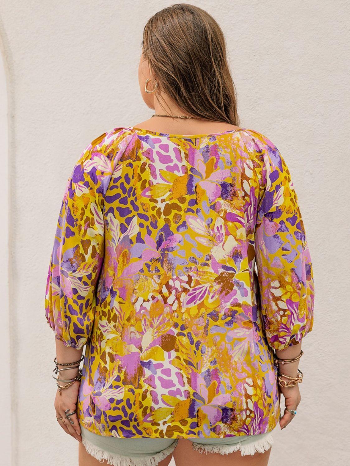 Plus Size Printed Tie Neck Blouse - ClubOn