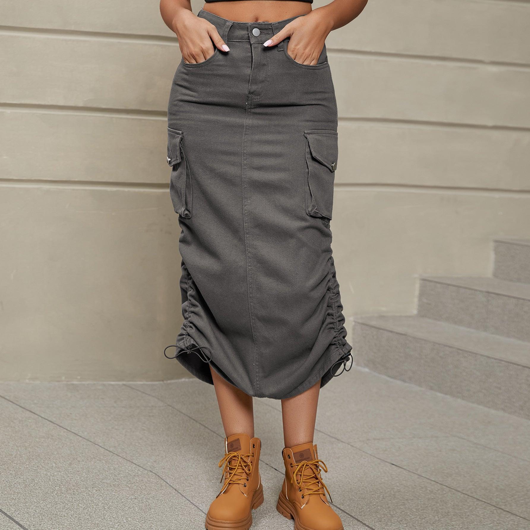 Drawstring Ruched Slit Denim Midi Skirt - ClubOn
