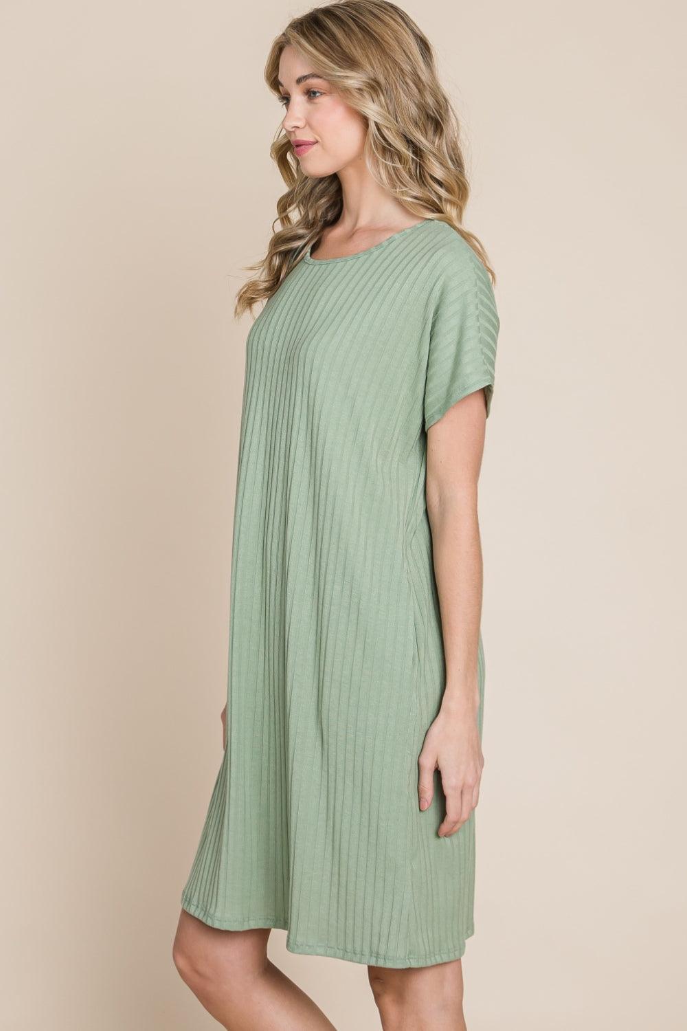 BOMBOM Ribbed Round Neck Short Sleeve Dress - ClubOn