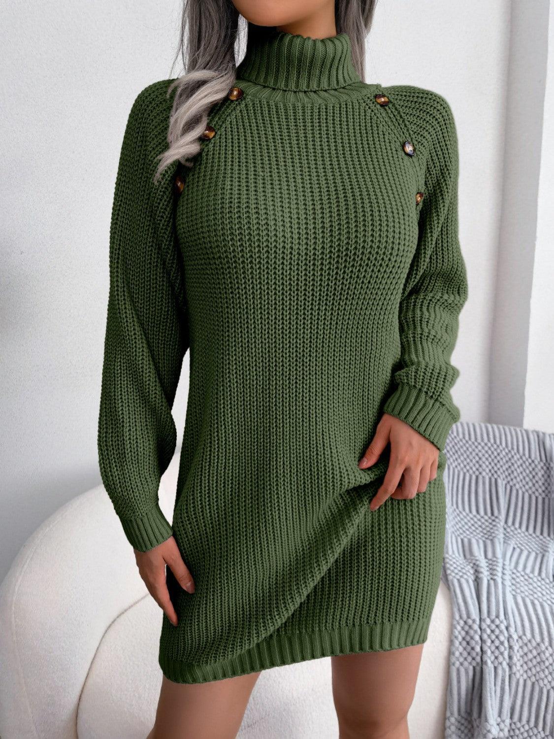 Decorative Button Turtleneck Sweater Dress - ClubOn