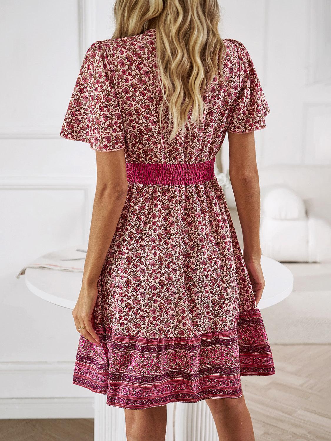 Devine Floral Smocked Waist Short Sleeve Mini Dress - ClubOn