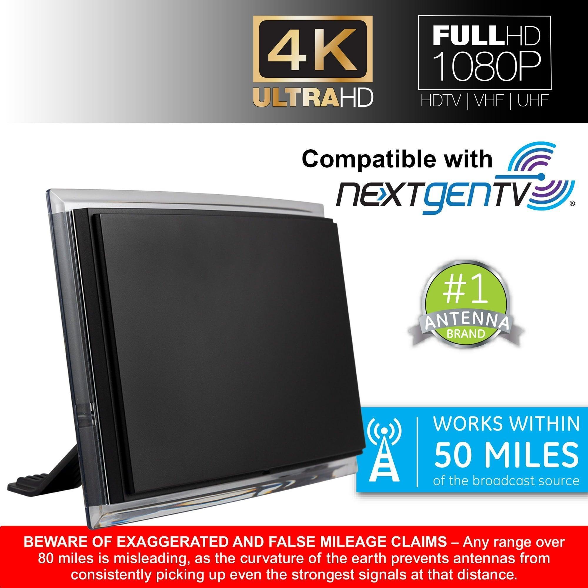 GE Crystal Amplified HDTV Antenna – 50-Mile Range, VHF, 1080P/4K, Black, Model 48732 - ClubOn