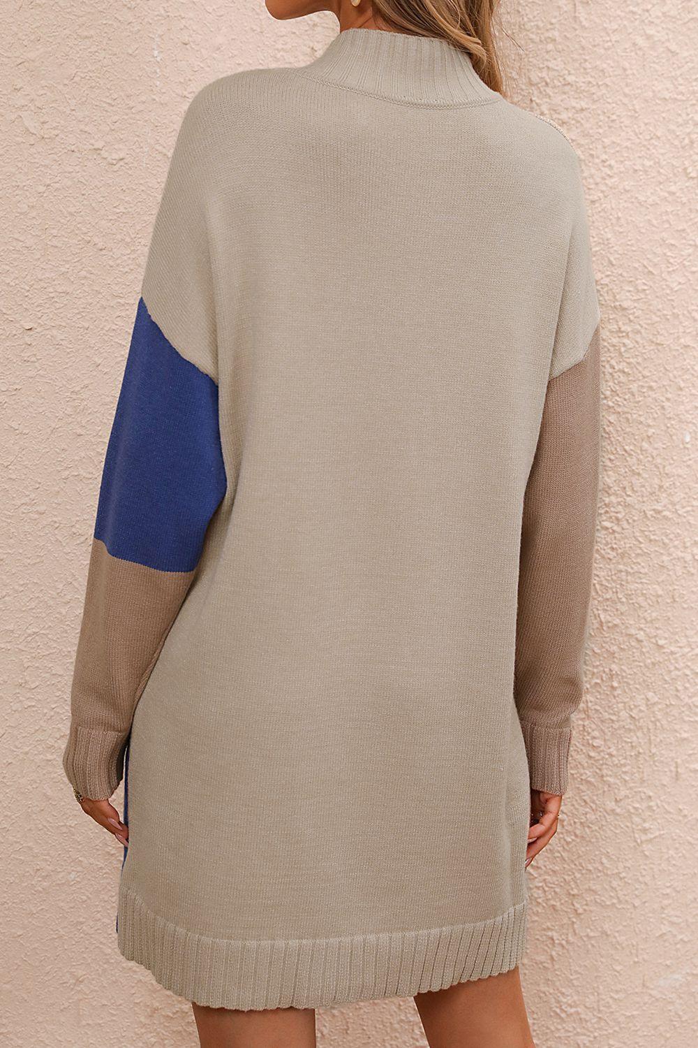 Color Block Mock Neck Dropped Shoulder Sweater Dress - ClubOn