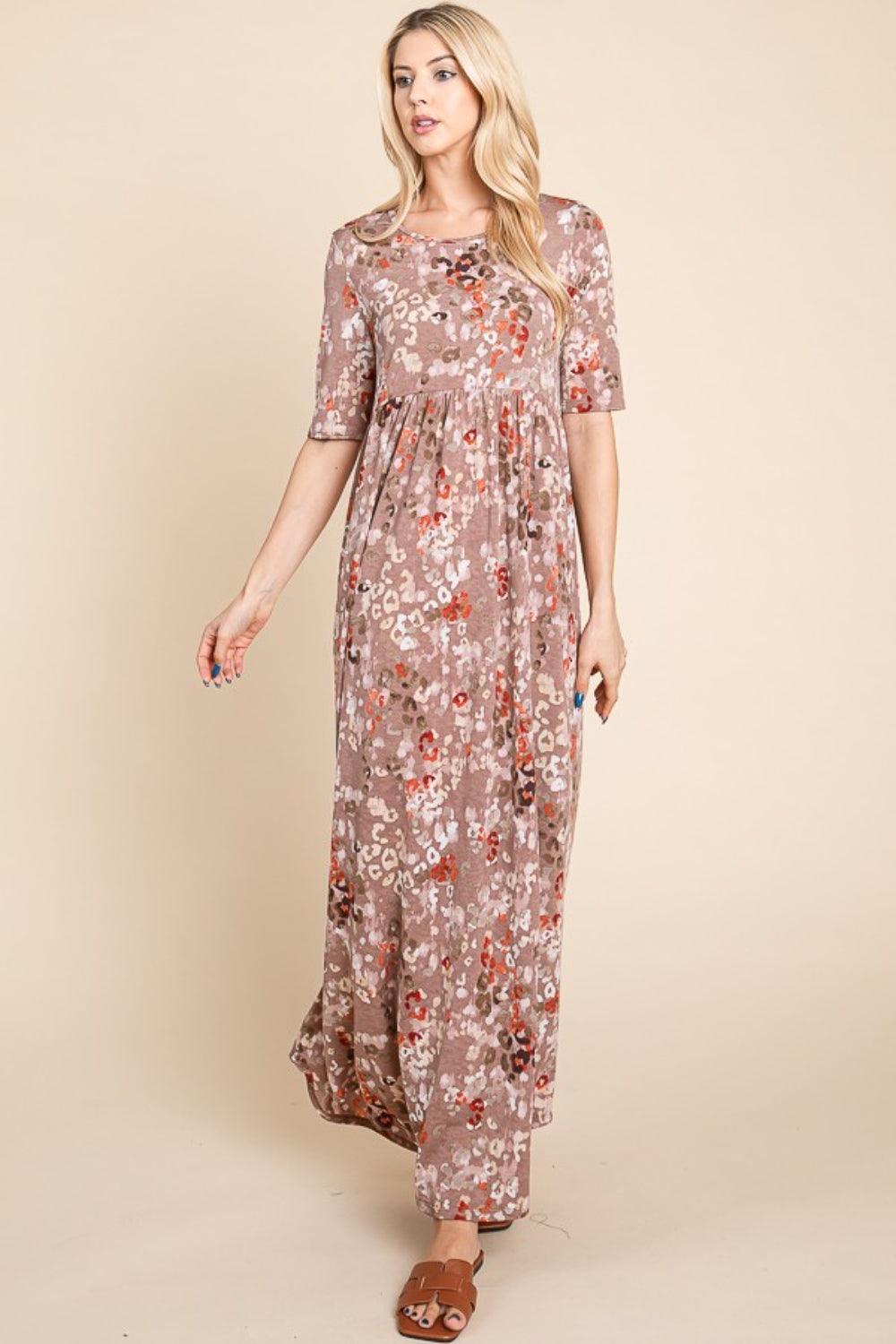 BOMBOM Printed Shirred Maxi Dress - ClubOn