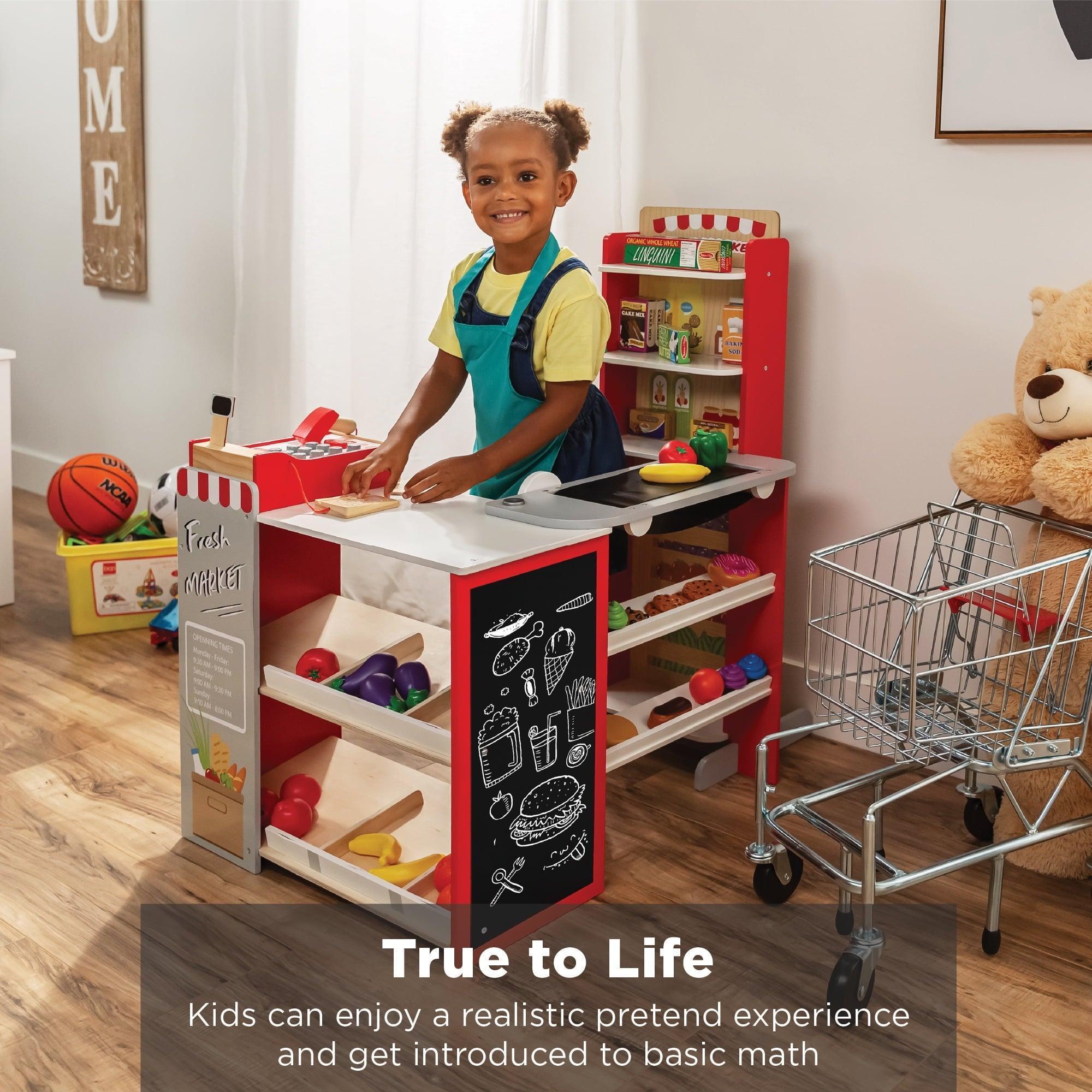 Best Choice Products Kids Pretend Play Grocery Store Wooden Supermarket Set with Chalkboard, Cash Register – Red - ClubOn