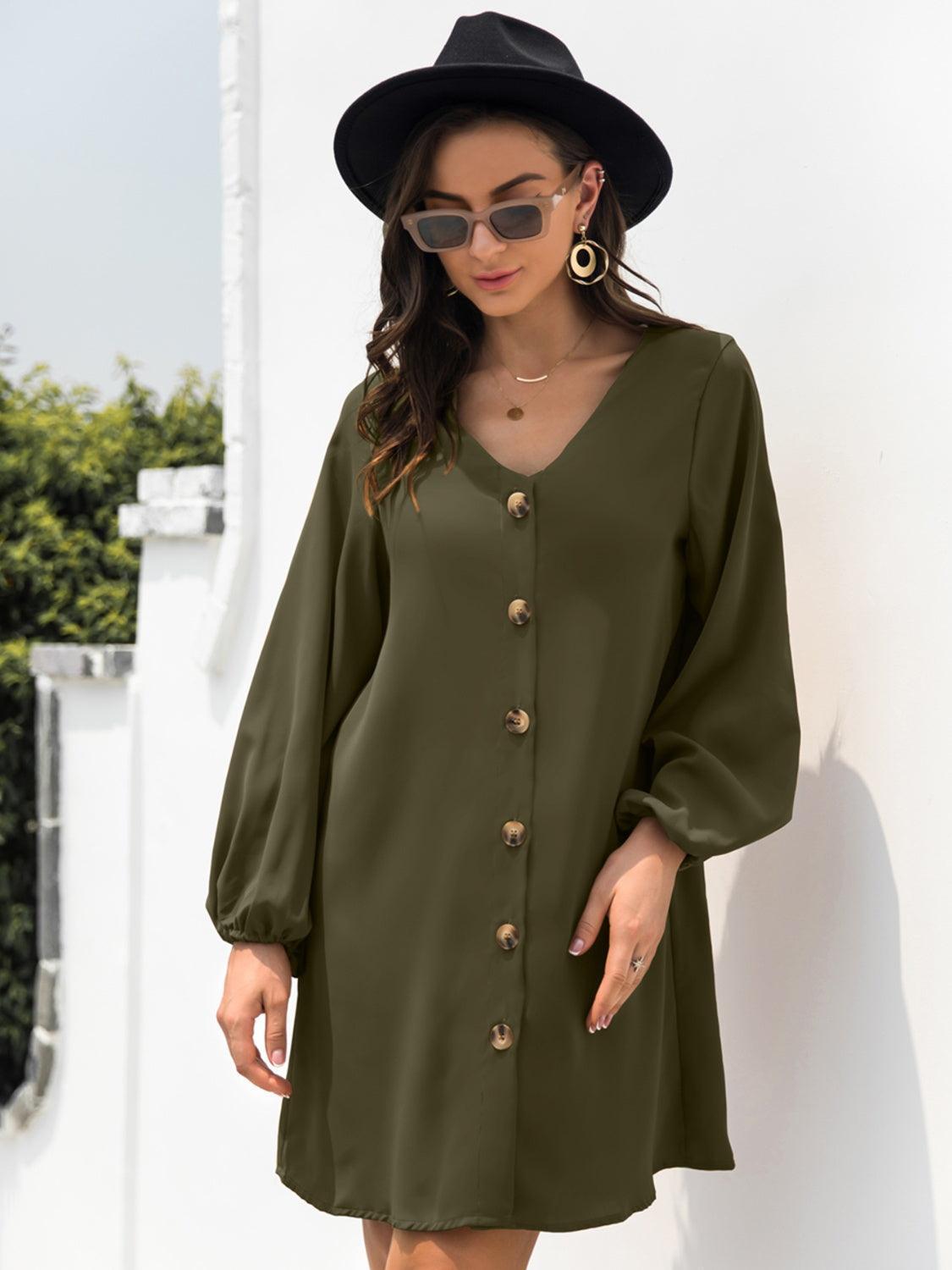 V-Neck Long Sleeve Mini Dress - ClubOn