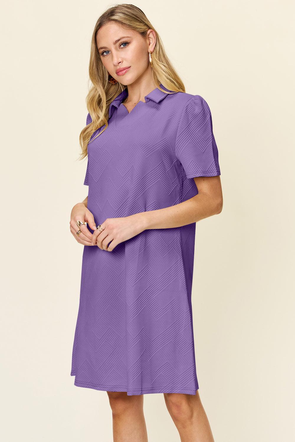 Double Take Full Size Texture Collared Neck Short Sleeve Dress - ClubOn