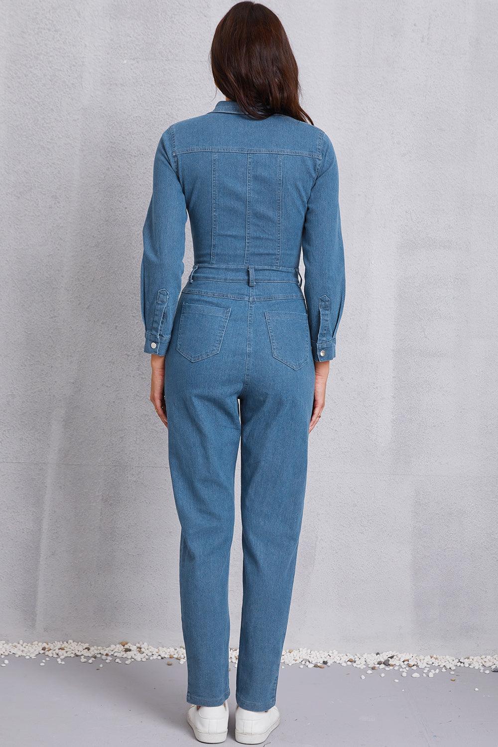 Snap Down Denim Jumpsuit with Pockets - ClubOn