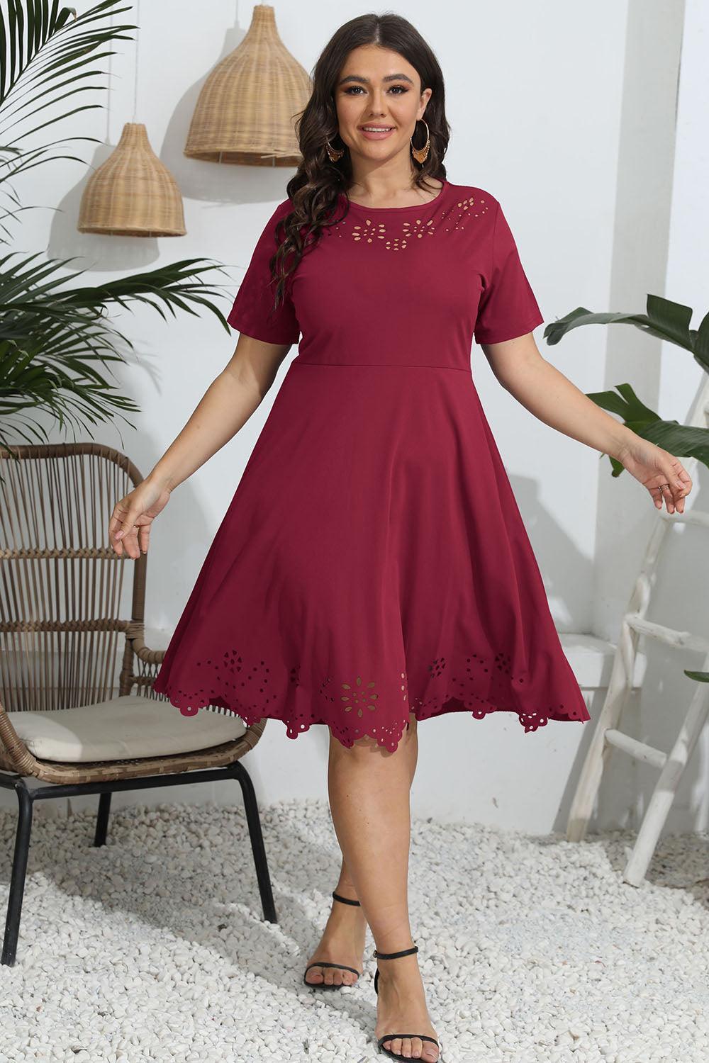 Plus Size Round Neck Openwork Dress - ClubOn