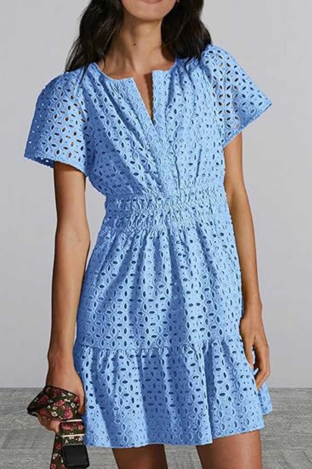 Eyelet Notched Short Sleeve Mini Dress - ClubOn