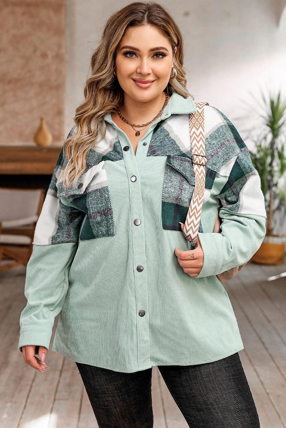 Plus Size Plaid Snap Down Jacket with Pockets - ClubOn