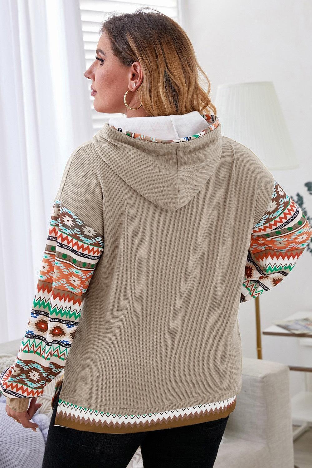 Plus Size Waffle-Knit Geometric Dropped Shoulder Hoodie - ClubOn