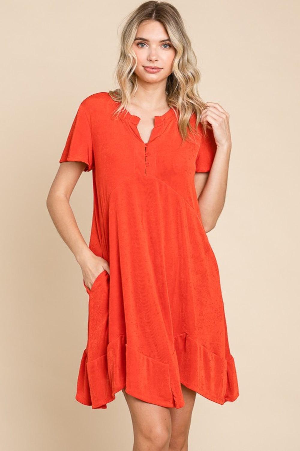 Culture Code Full Size Short Sleeve Ruffled Asymmetric Hem Dress - ClubOn