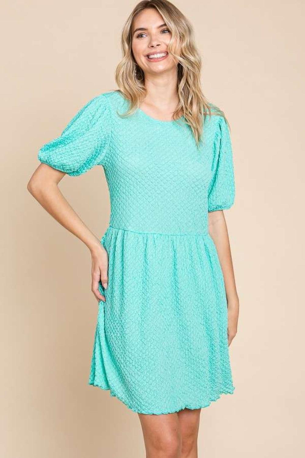 Culture Code Full Size Textured Round Neck Puff Sleeve Dress - ClubOn